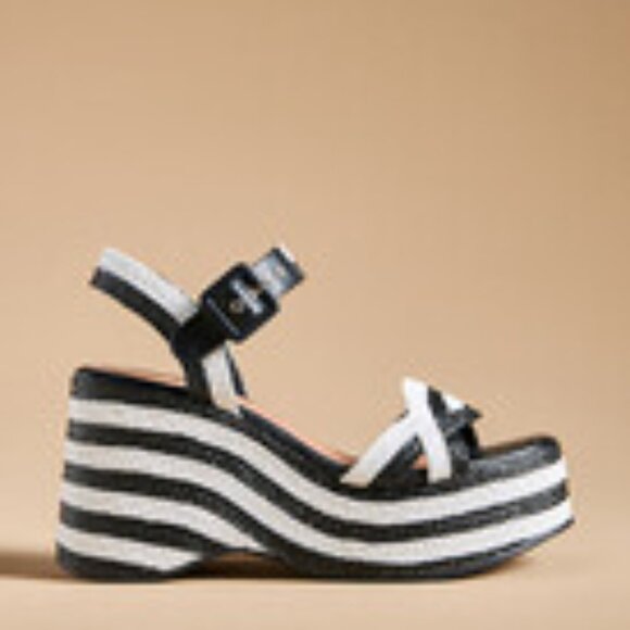 New Anthropologie Vicenza size 40 9-9.5 Platform Heels Raffia Black & White - Picture 2 of 2